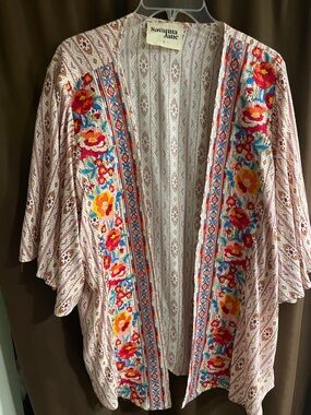 Savanna Jane Pink Floral Embroidered Open Kimono with Blue Trim